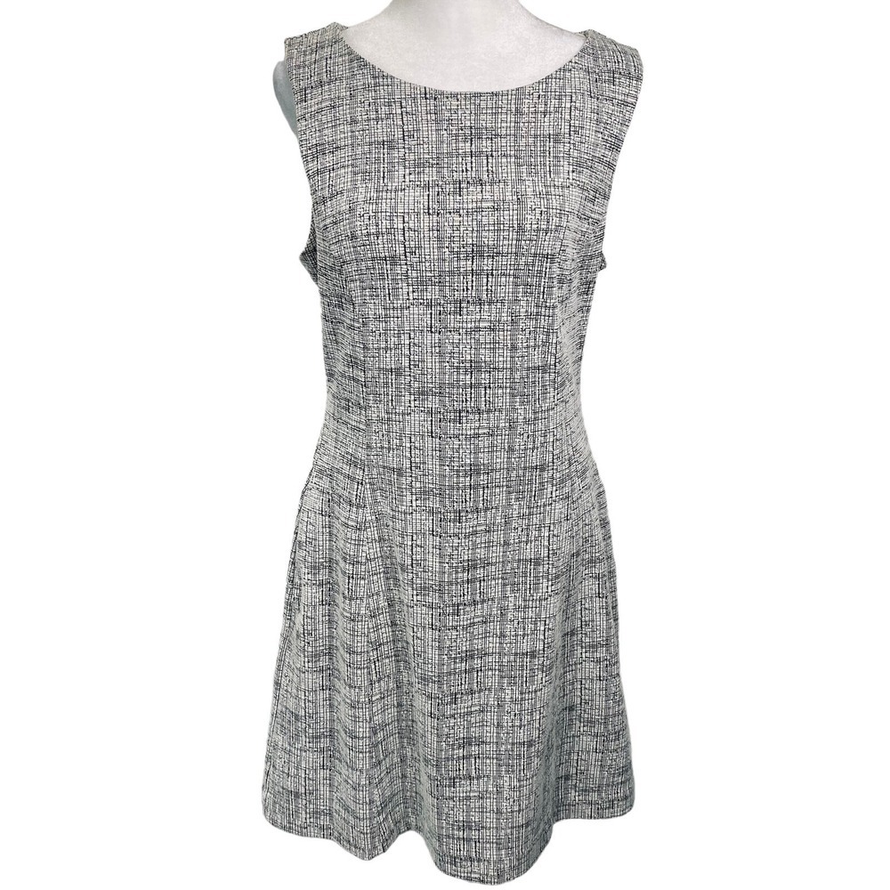 TAHARI Women Fit Flare Tweed Sleeveless Dress Sz 8 Black White Office 56-4